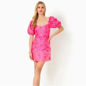NWT Lilly Pulitzer Morena Textural Jacqurd Hot Pink Puff Sleeve Mini Dress 6